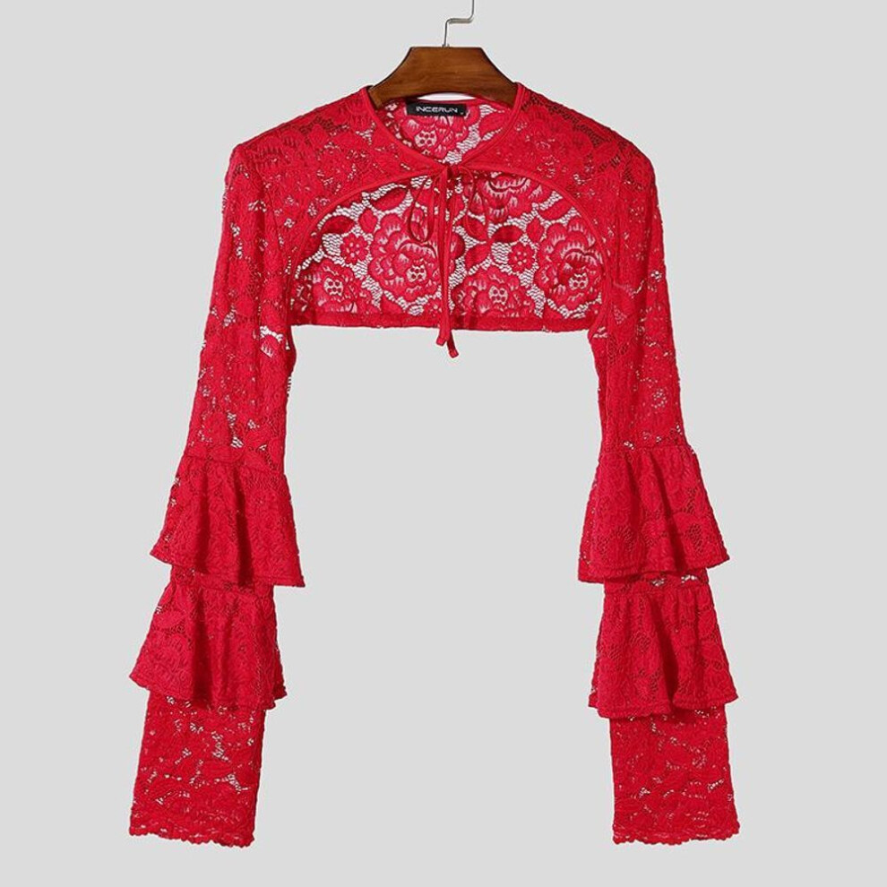 (M, red) Incerun Men Lace Up See Through Lace Crop Tops Club Party Mesh Short T-shirts