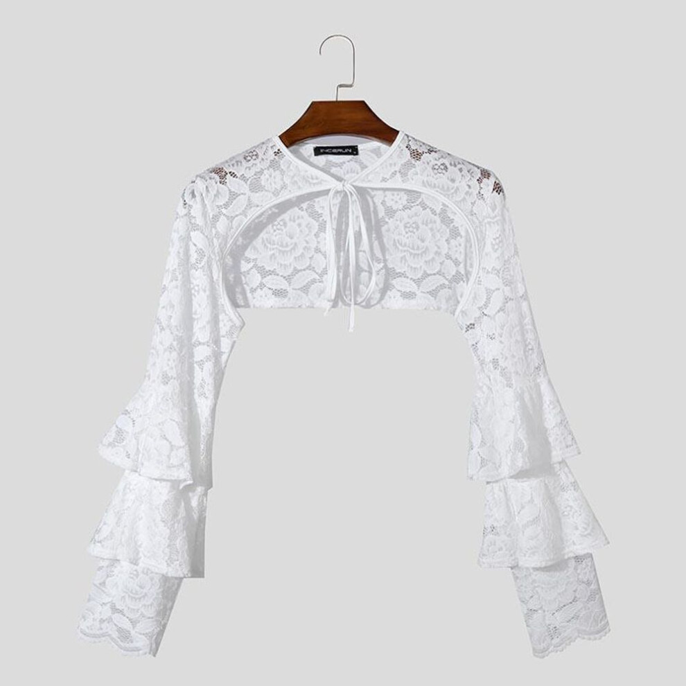 (S, white) Incerun Men Lace Up See Through Lace Crop Tops Club Party Mesh Short T-shirts