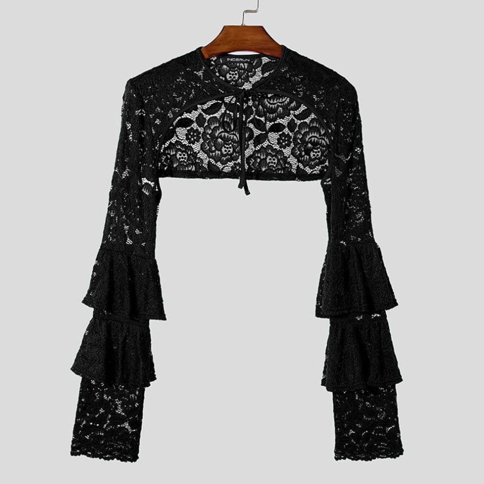 (XL, black) Incerun Men Lace Up See Through Lace Crop Tops Club Party Mesh Short T-shirts