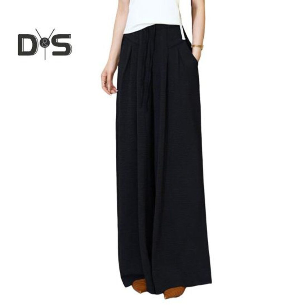 (black, L) Women Casual Pants Elastic Waist Adjustable Drawstring Long Trousers With Pockets Solid Color Loose Fit Wide Leg Pants