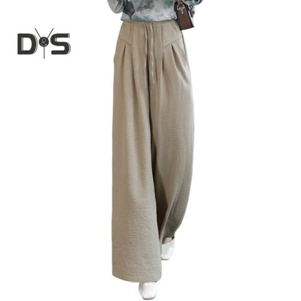 (khaki, M) Women Casual Pants Elastic Waist Adjustable Drawstring Long Trousers With Pockets Solid Color Loose Fit Wide Leg Pants