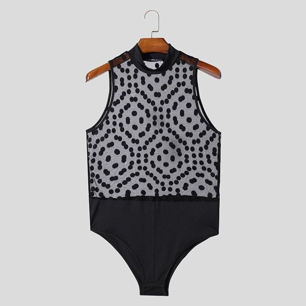 (XL, black) Incerun Men Mockneck Sleeveless Polka Dots Mesh Bodysuits See Through Fitted Briefs Jumpsuits