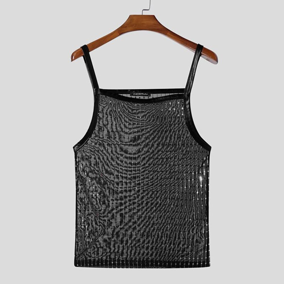 (L, black) Incerun Men Strap See Through Tank Tops Sleeveless Party Mesh Glitter T-shirts
