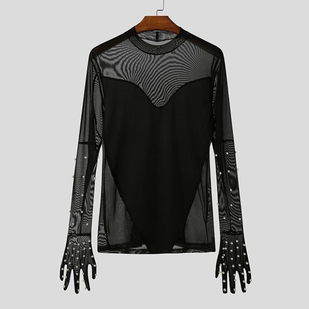 (M, black) INCERUN Men Mockneck Long Sleeve Beading Patchwork Mesh Sheer Gloves Tops T-shirts