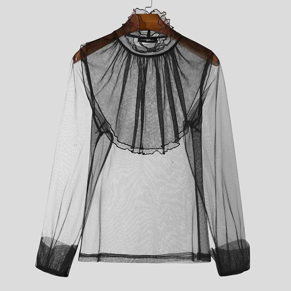 (M, black) INCERUN Men Turtleneck Ruffled Layers Long Sleeve See Through Party Mesh Sheer Tops