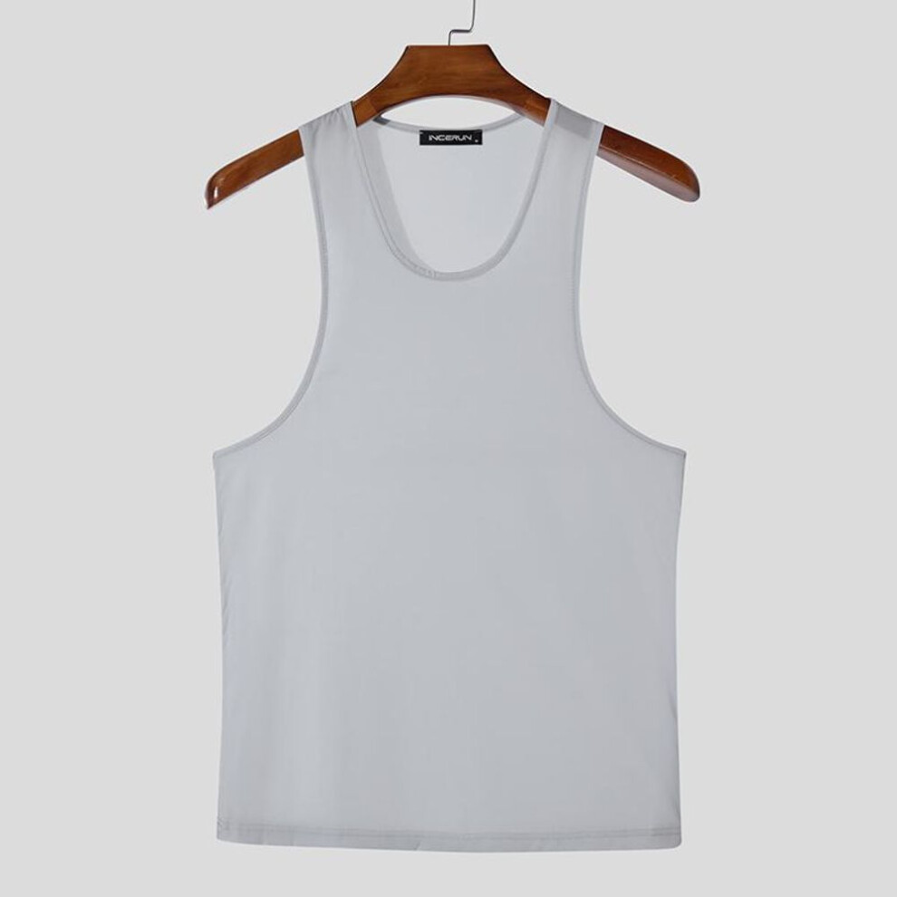(M, gray) INCERUN Men Summer Sleeveless See Through Breathable Homewear Mesh Sheer Tank Tops