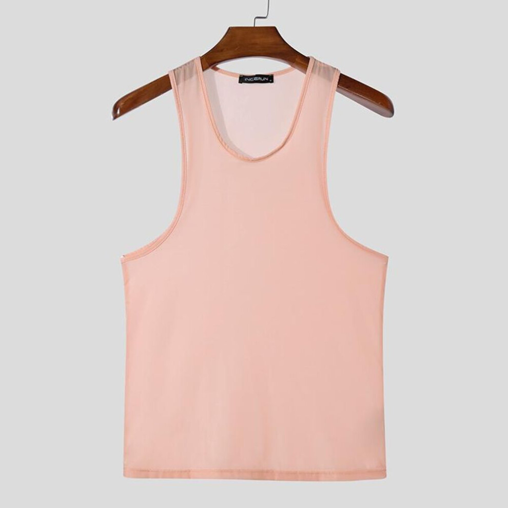 (M, pink) Incerun Men Summer Sleeveless See Through Breathable Homewear Mesh Sheer Tank Tops