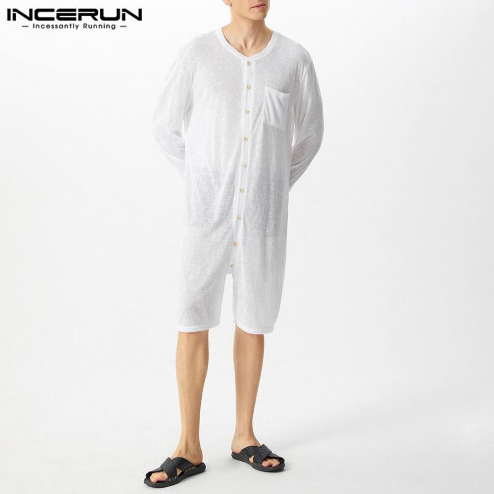 (L, white) INCERUN Men Underwear Long Sleeve Mesh Sheer Thin Homewear Jumpsuit Rompers