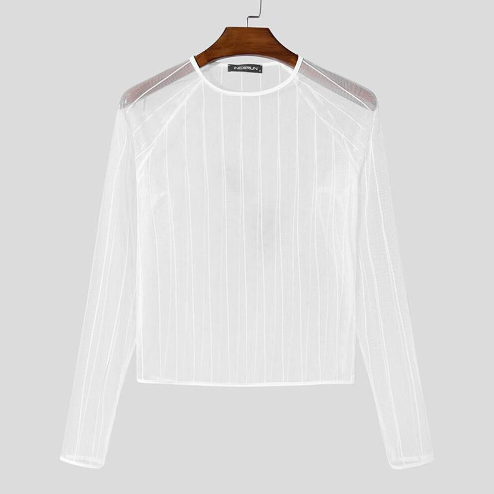 (3XL, white) INCERUN Men Long Sleeve Mesh See Through Skinny T-shirts Partywear Clubwear