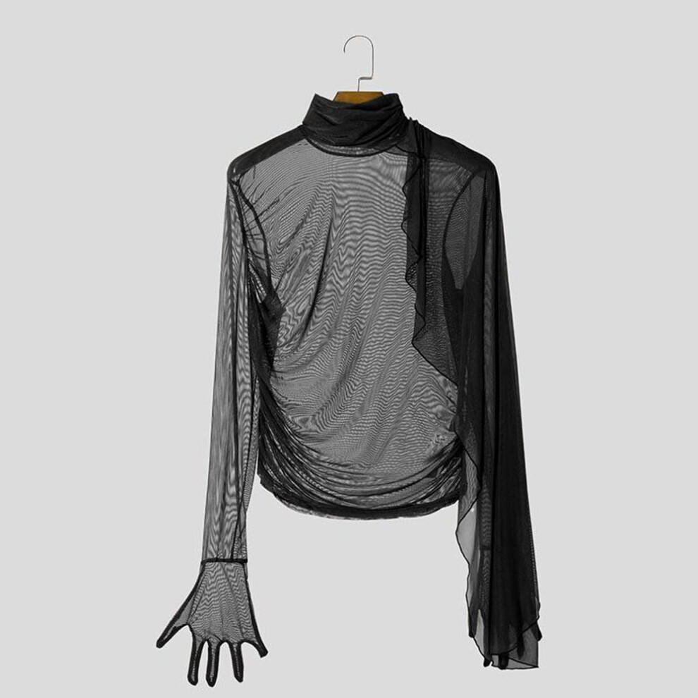 (4XL, black) INCERUN Men Turtleneck Long Sleeve Ruffled See Through Mesh Tops Party Cropped T-Shirts