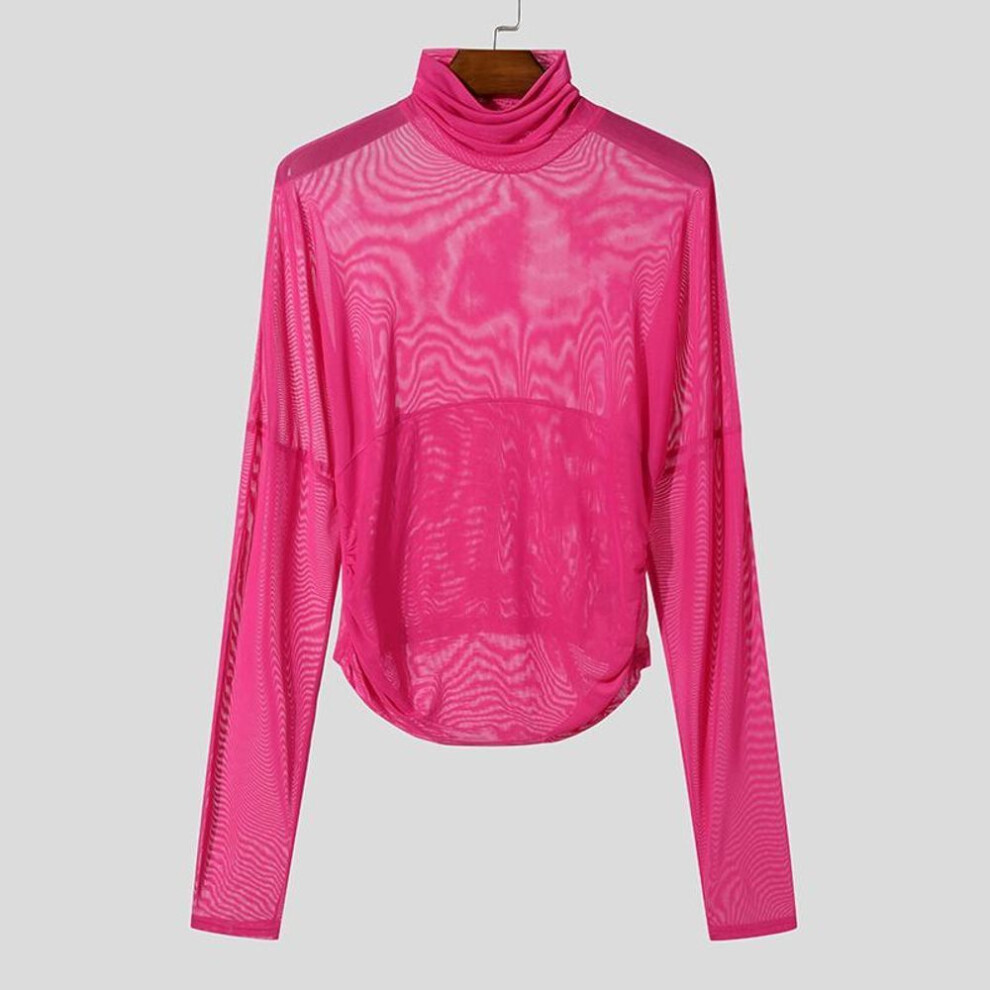 (S, dark pink) Incerun Men High Neck Long Sleeve Ruffled See Through Tops Club Party Mesh Irregular T-shirts