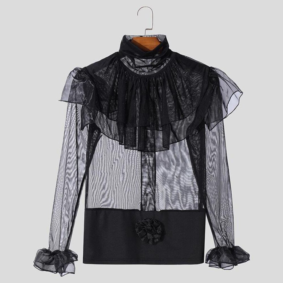 (3XL, black) INCERUN Men High Neck Long Sleeve Ruffled Mesh Sheer Shirts Tops
