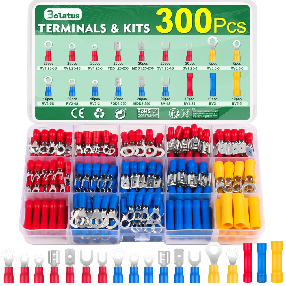 300Pcs Electrical Crimp Connectors 0.5-6.0Mmâ² Insulated Crimp Terminals Ring Fork Male Female Butt Electric Wire Connectorterminals Set For 5060931281461