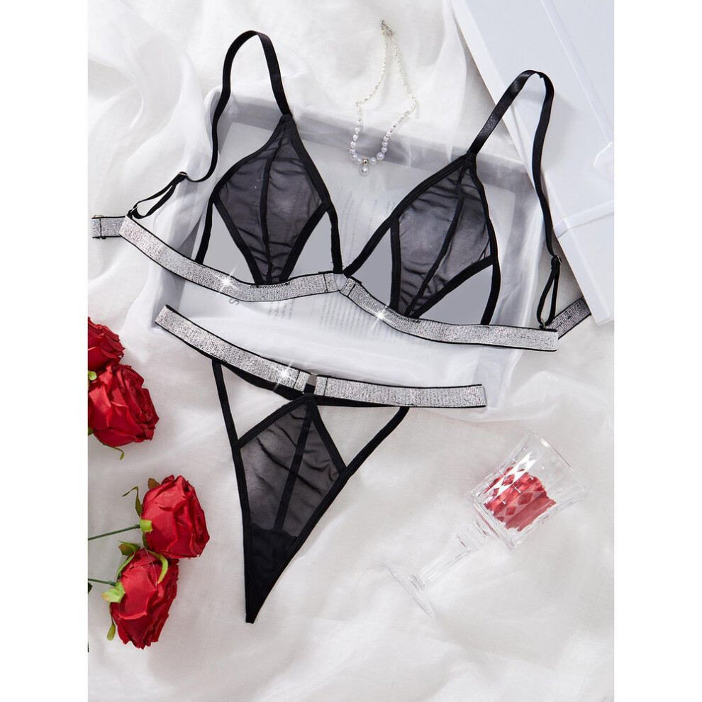 (M, black) Sexy Perspective Hollowed-out Three-point Underwear Set