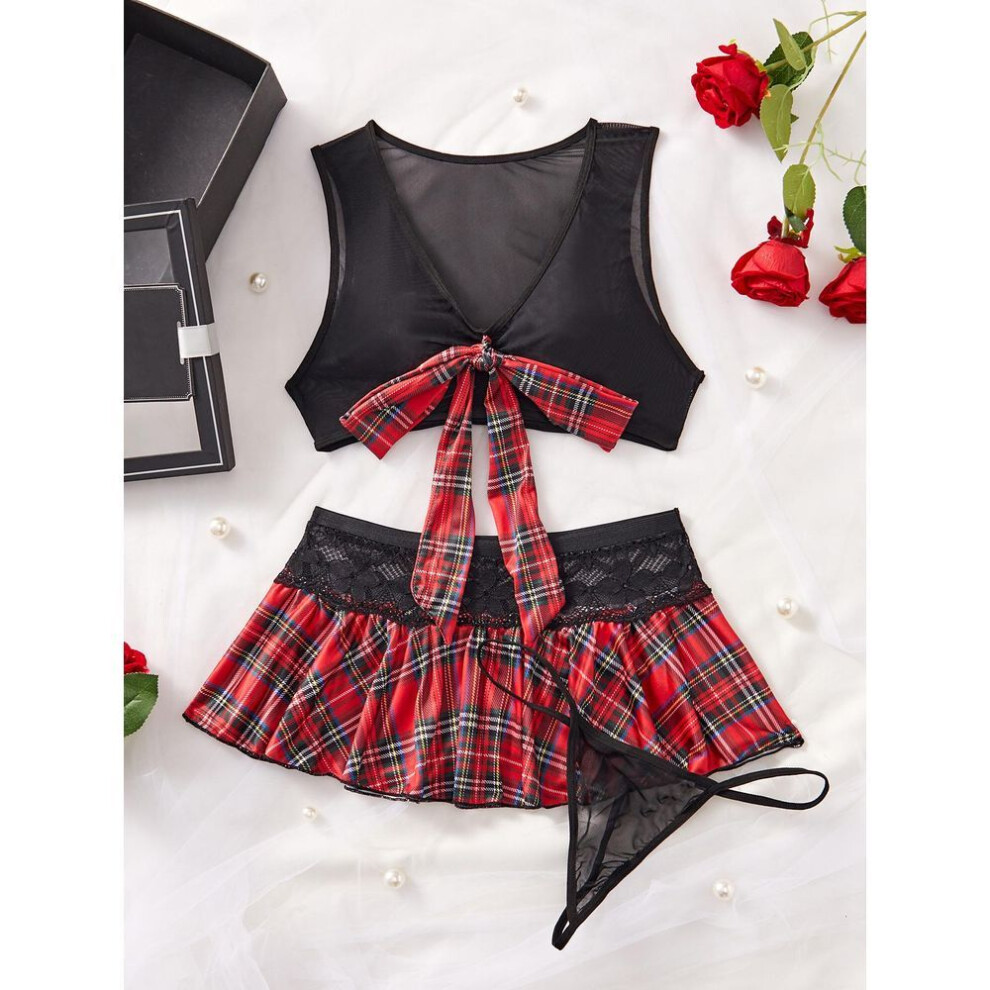 (black, L) New Sexy Pajamas Plaid Short Skirt Sex Uniform Suit Student Dress