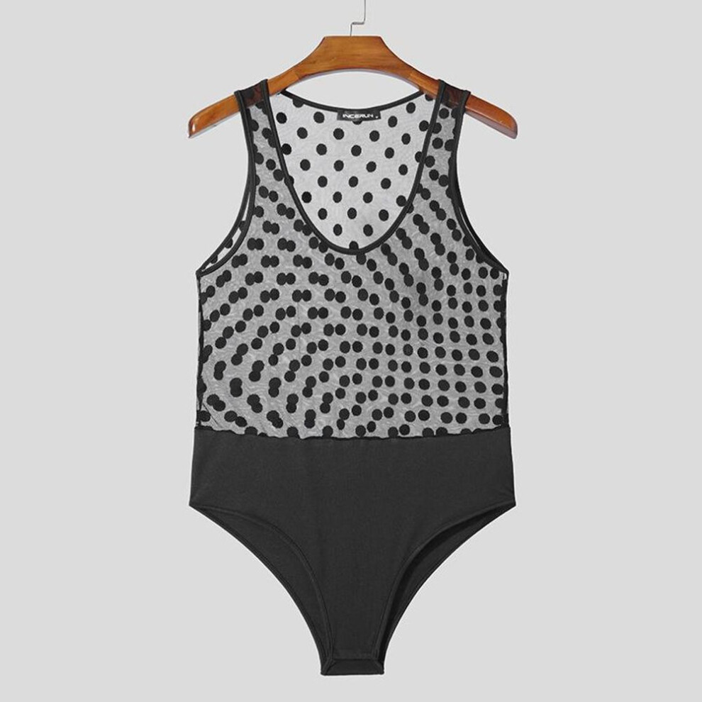 (S, black) Incerun Men Deep U Sleeveless Polka Dot Patchwork Mesh Sheer Party Bodysuits Jumpsuits