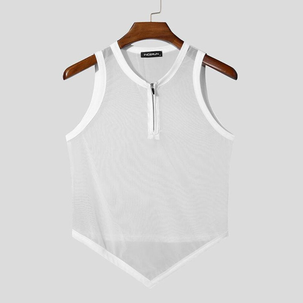 (XL, white) INCERUN Men Zipper Neck Sleeveless Stitching Mesh Sheer Irregular See Through Summer Tank Tops