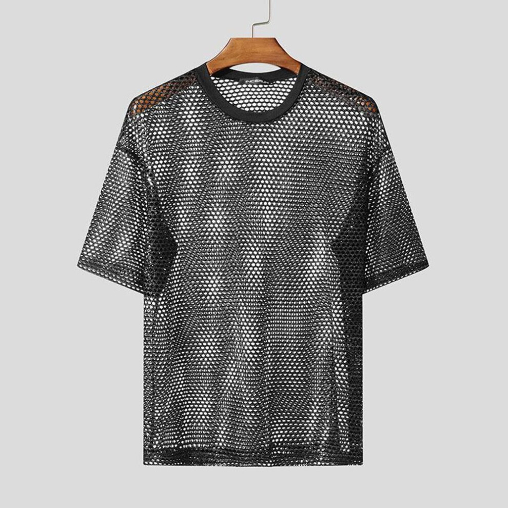 (2XL, black) INCERUN Men O Neck Short Sleeve Mesh Sheer See Through Tops T-Shirts
