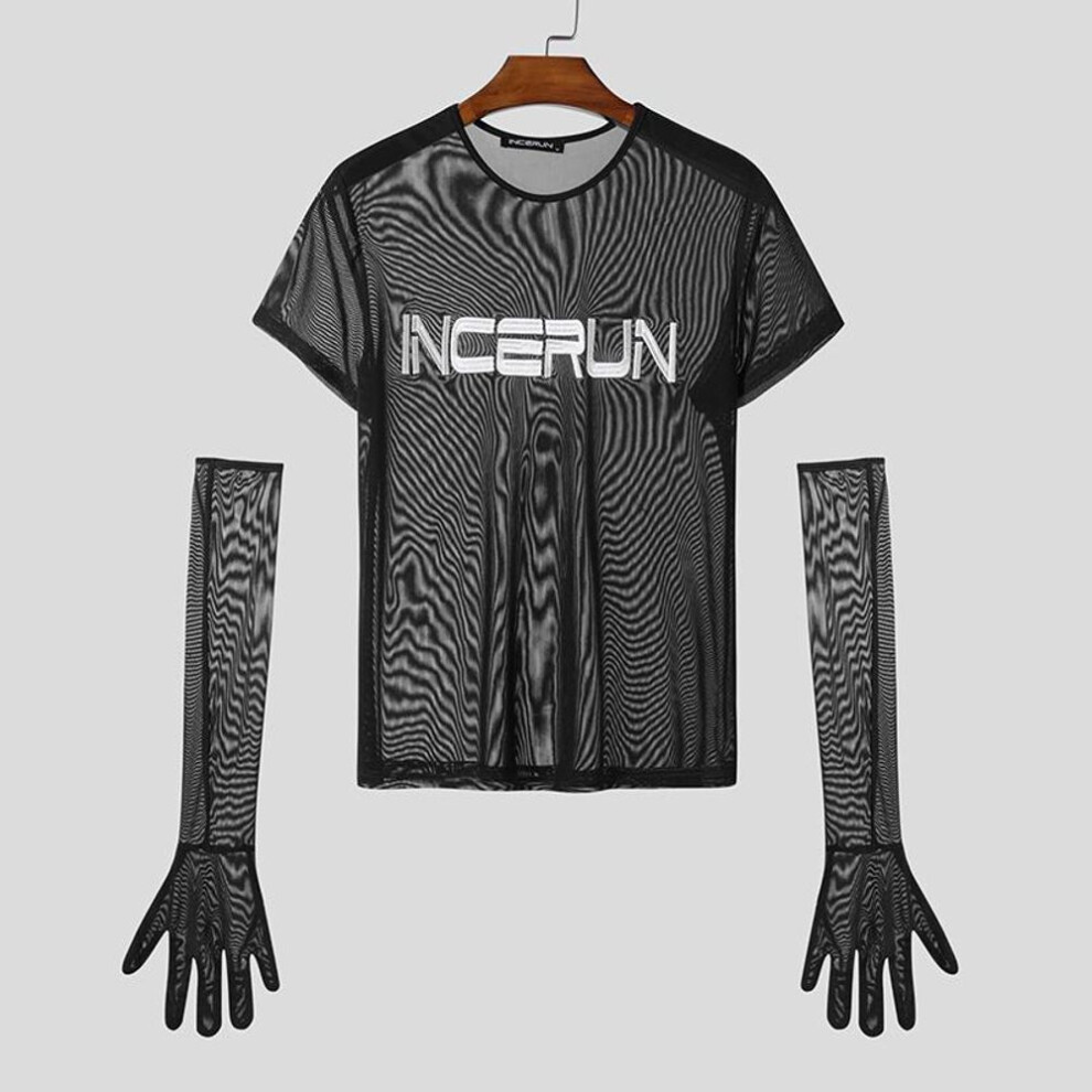 (S, black) INCERUN Men Short Sleeve with Gloves Patchwork Mesh Sheer Tops T-shirts