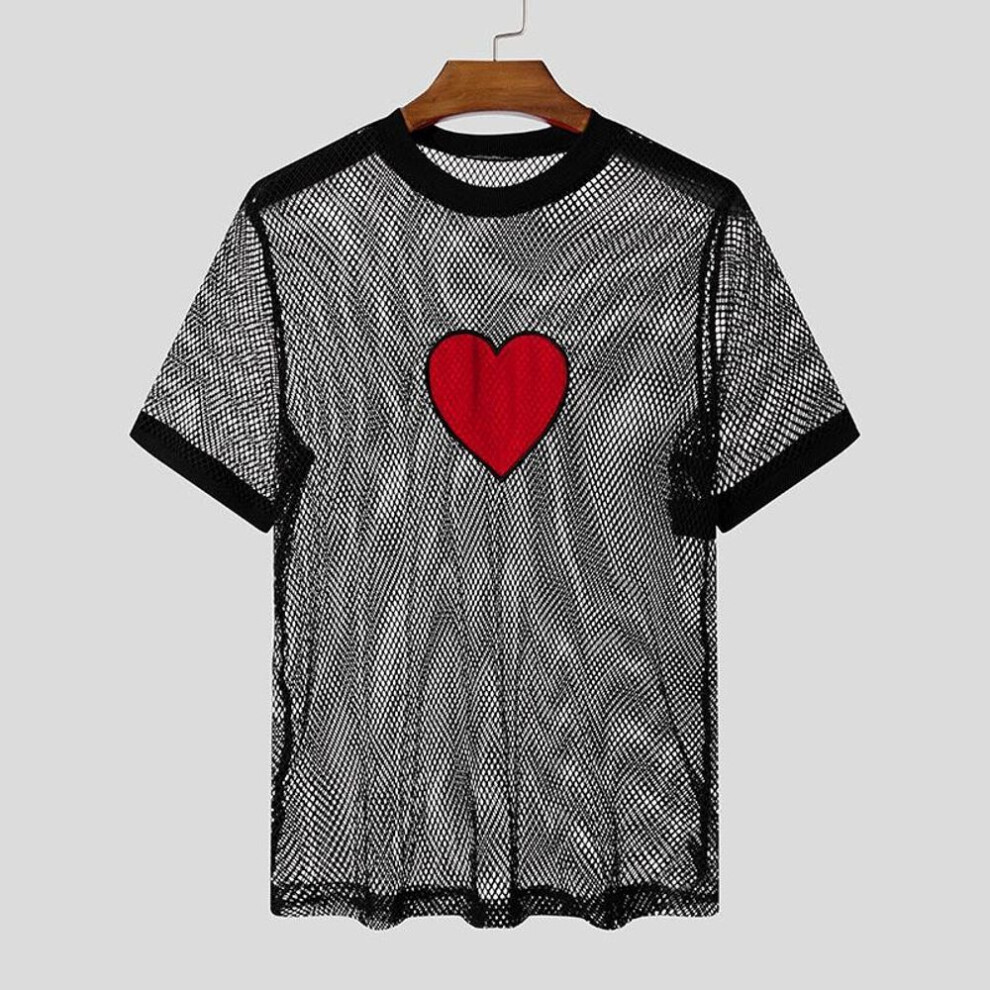 (XL, black) INCERUN Summer Men O Neck Print Mesh Sheer Short Sleeve Hollow T-Shirts Tops