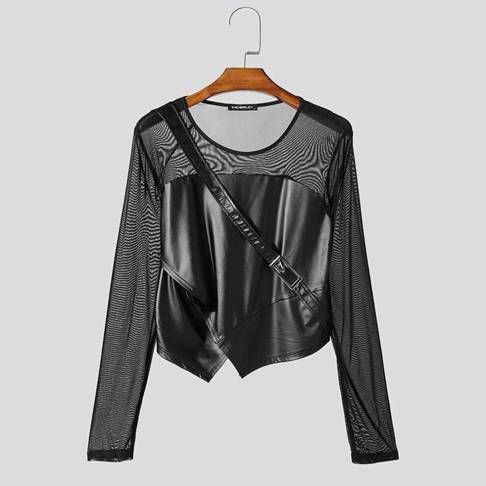 (4XL, black) Incerun Men High Neck Long Sleeve Pu Patchwork Mesh Sheer Irregular Party T-shirts