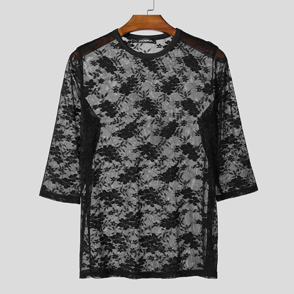 (3XL, black) INCERUN Men 3/4 Sleeve Lace Mesh Sheer T-shirts Club Party See Through Tops