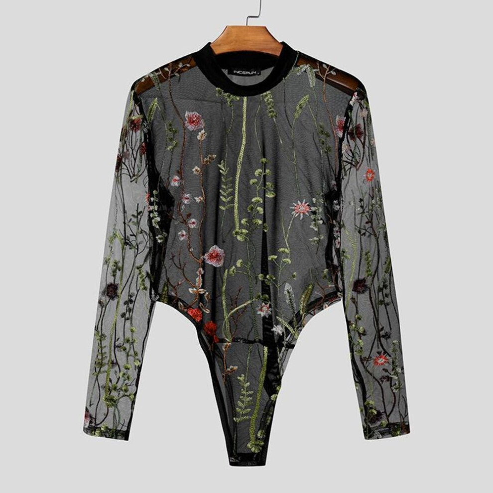 (2XL, black) INCERUN Men Long Sleeve Embroidery Floral Mesh See Through Party Clubwear Bodysuits Jumpsuits