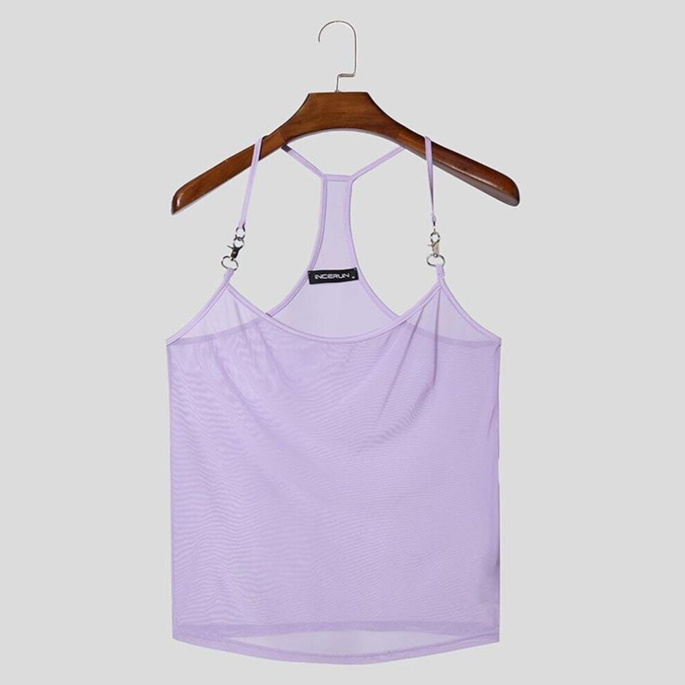 (3XL, purple) Incerun Men Summer Sleeveless Strap Semi-sheer Mesh Tank Tops Party Club Cami