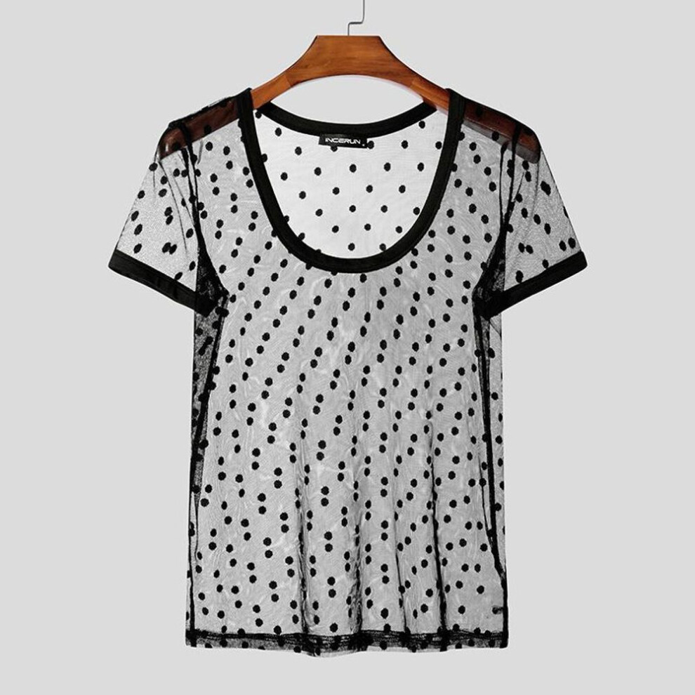 (XL, black) Incerun Summer Men U Neck Short Sleeve Polka Dot Mesh Sheer Transparent Party T-shirts Tee