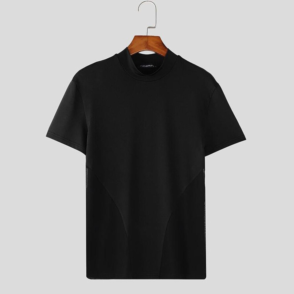 (3XL, black) INCERUN Men Summer Short Sleeve Patchwork Mesh Sheer Party Club Slim T-shirts