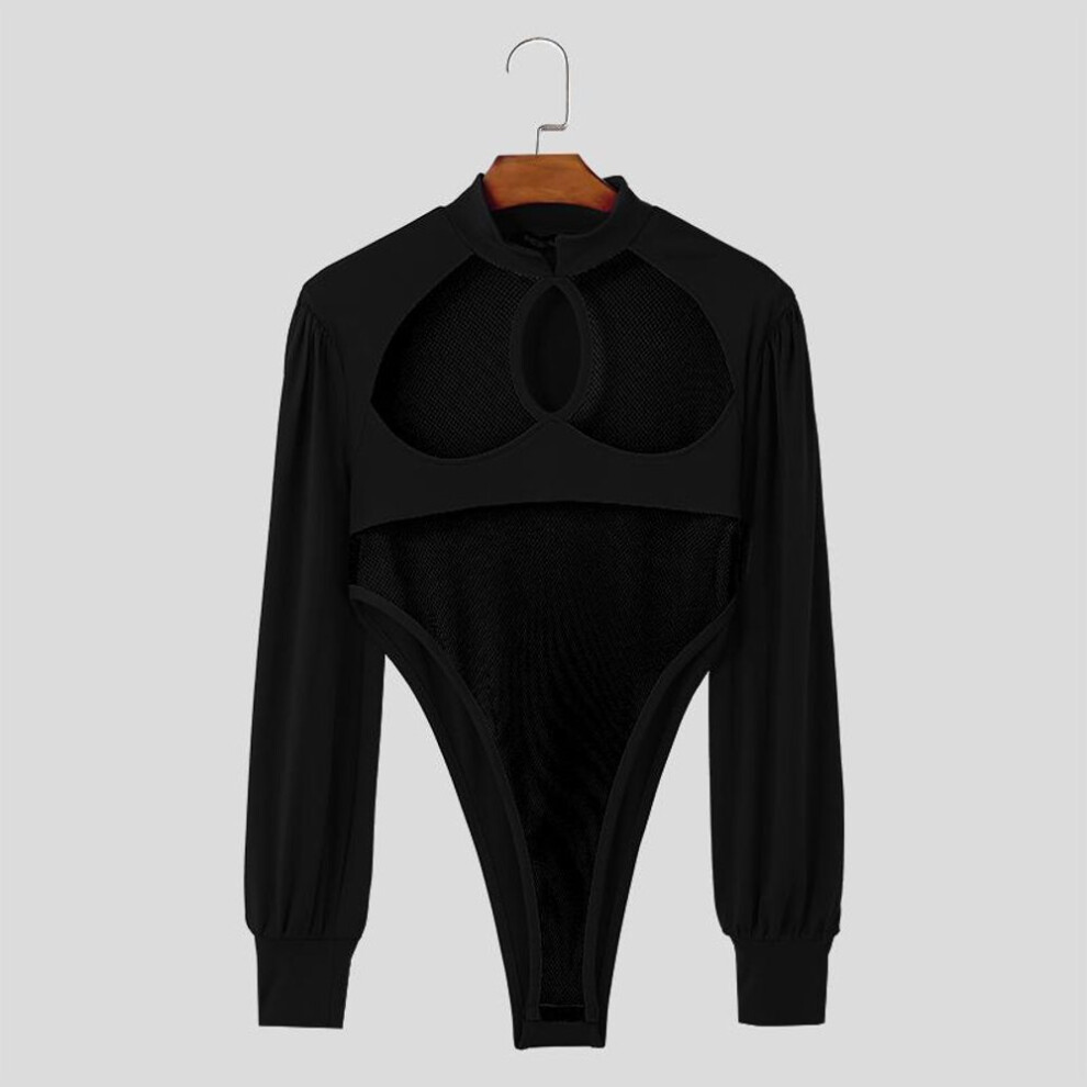 (M, black) INCERUN Men Long Sleeve Patchwork Mesh Sheer See Through Leotard Jumpsuits Bodysuits