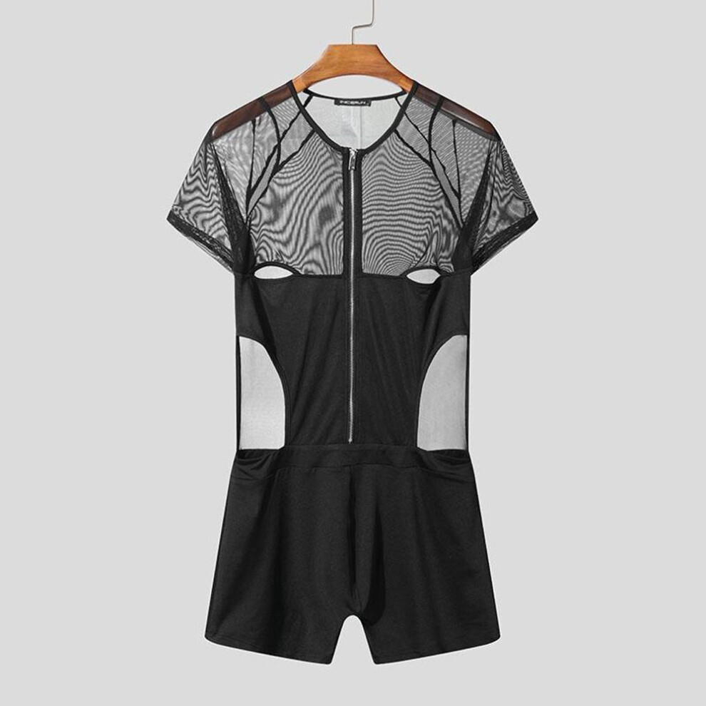 (L, black) INCERUN Men Mesh Zip-up Long Sleeve Patchwork See Through Short Romper Jumpsuits  Bodysuits