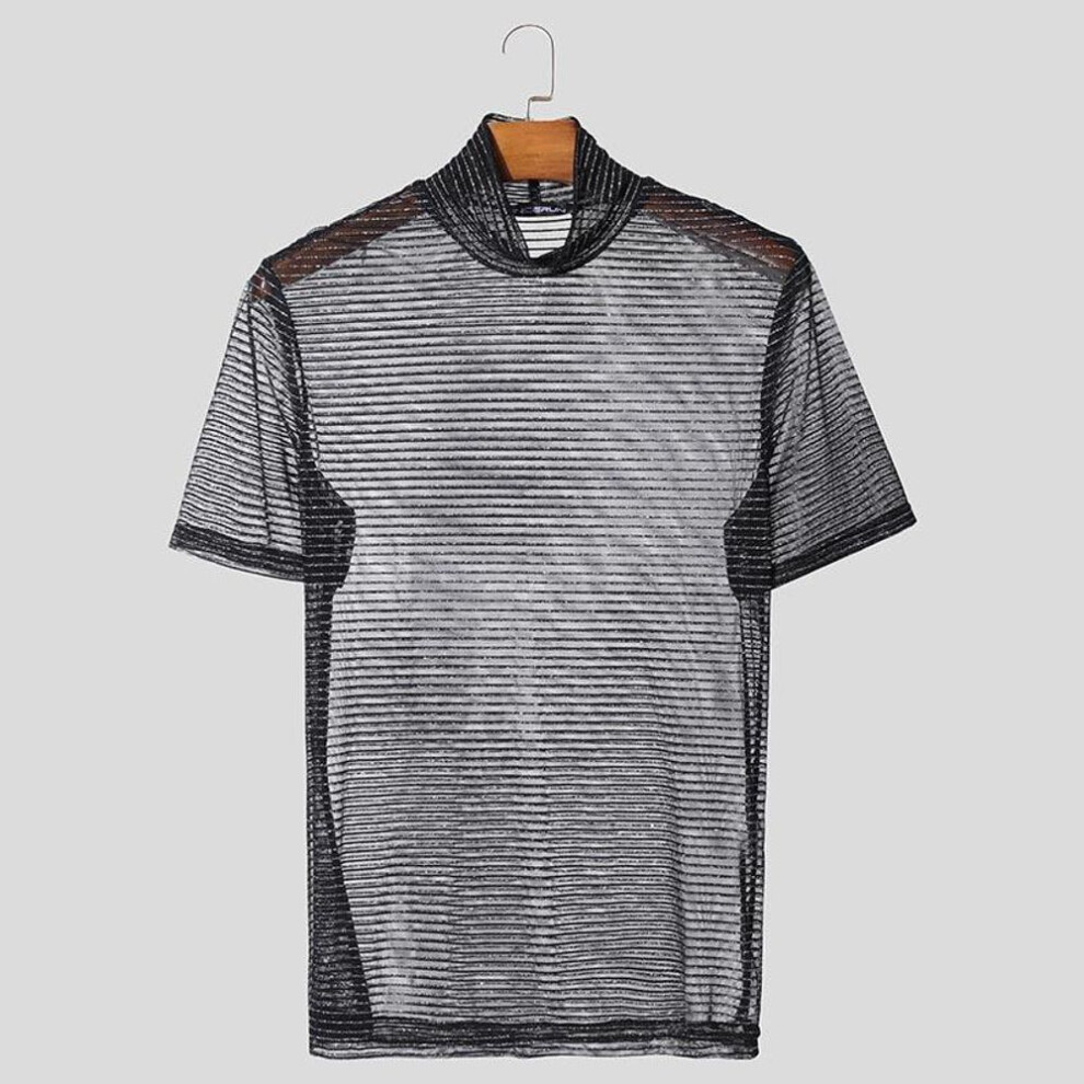 (3XL, black) Incerun Men High Neck Long Sleeve Glitter Mesh Sheer T-shirts See Through Tops