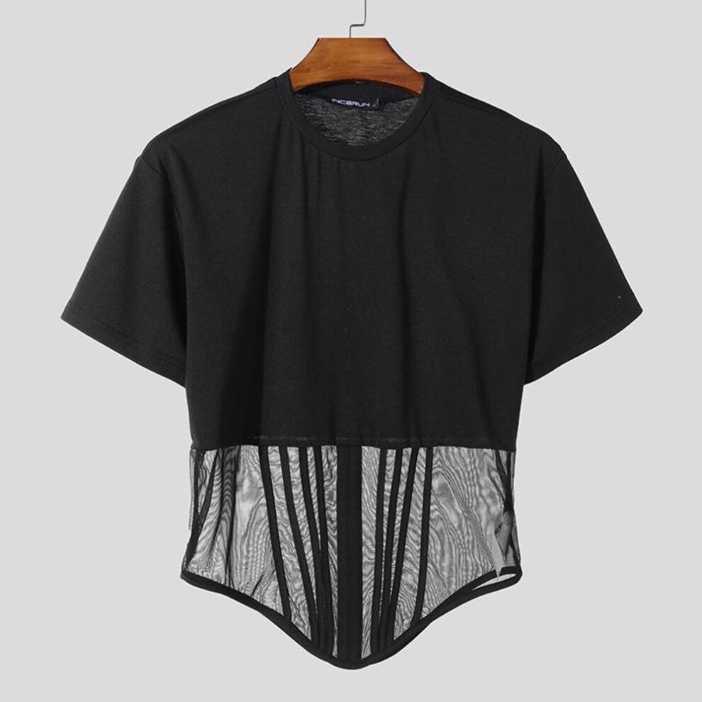 (S, black) Incerun Summer Men Round Neck Long Sleeve Patchwork Mesh Sheer Irregular Fitted Party T-shirts