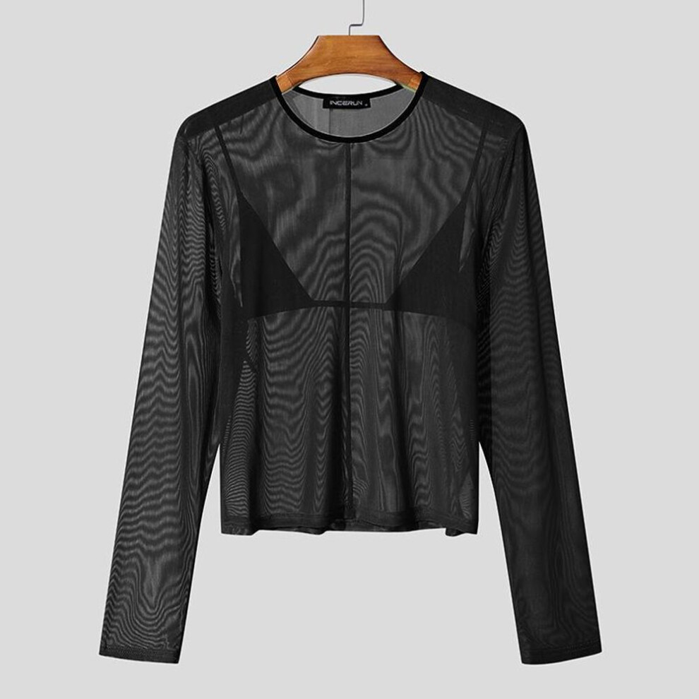 (3XL, black) INCERUN Men Long Sleeve Patchwork Mesh Sheer See Through T-shirts Fishnet Tops