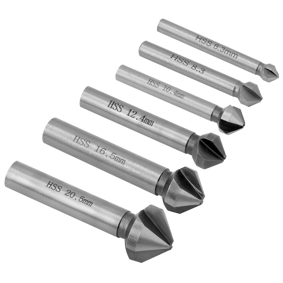 QWORK 6Pcs Countersink 90, 6.3-20.5 mm HSS Steel Countersink Drill Bit, Countersink Deburring Tools for Wood, Metal, Plastic