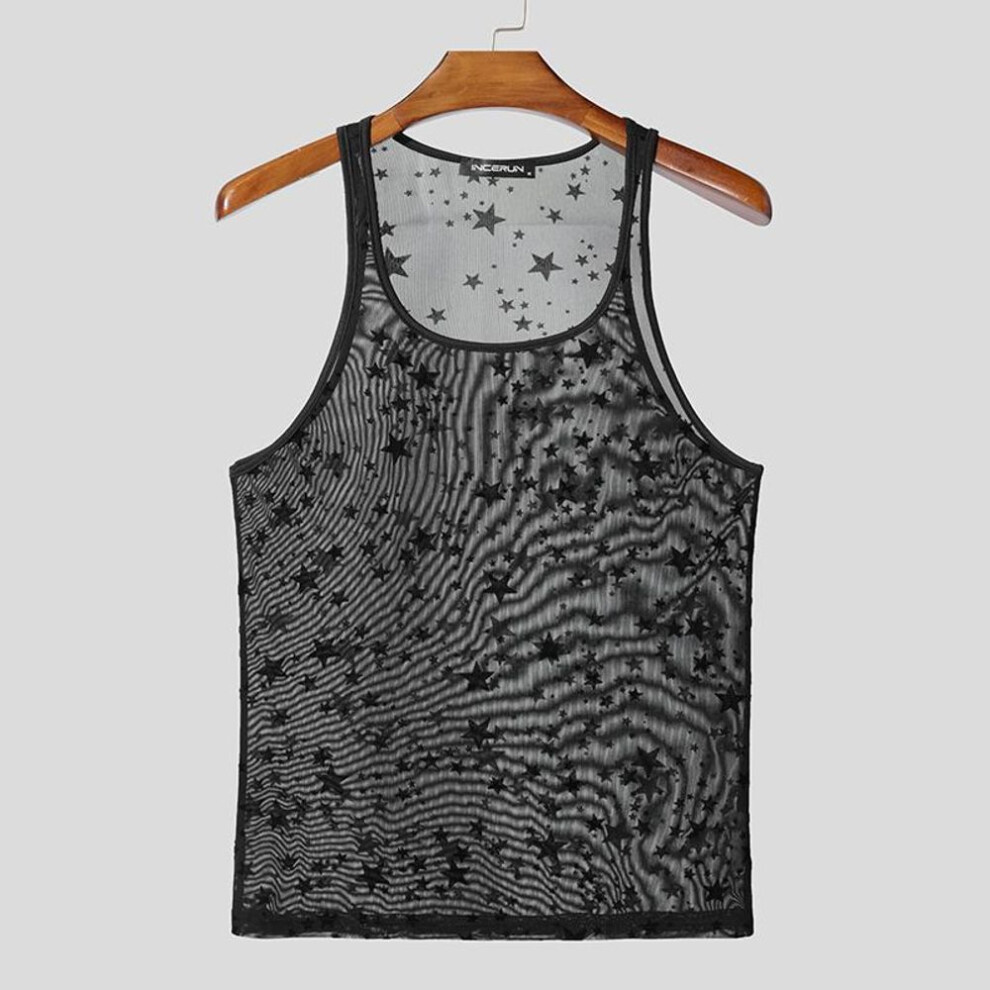 (S, black) INCERUN Men Summer Sleeveless Strap Print Mesh Sheer Lace Tank Tops Partywear
