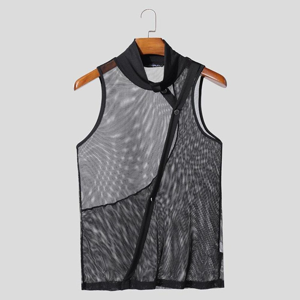 (2XL, black) INCERUN Summer Men High Neck Sleeveless Patchwork See Through Mesh Sheer Party Tank Tops