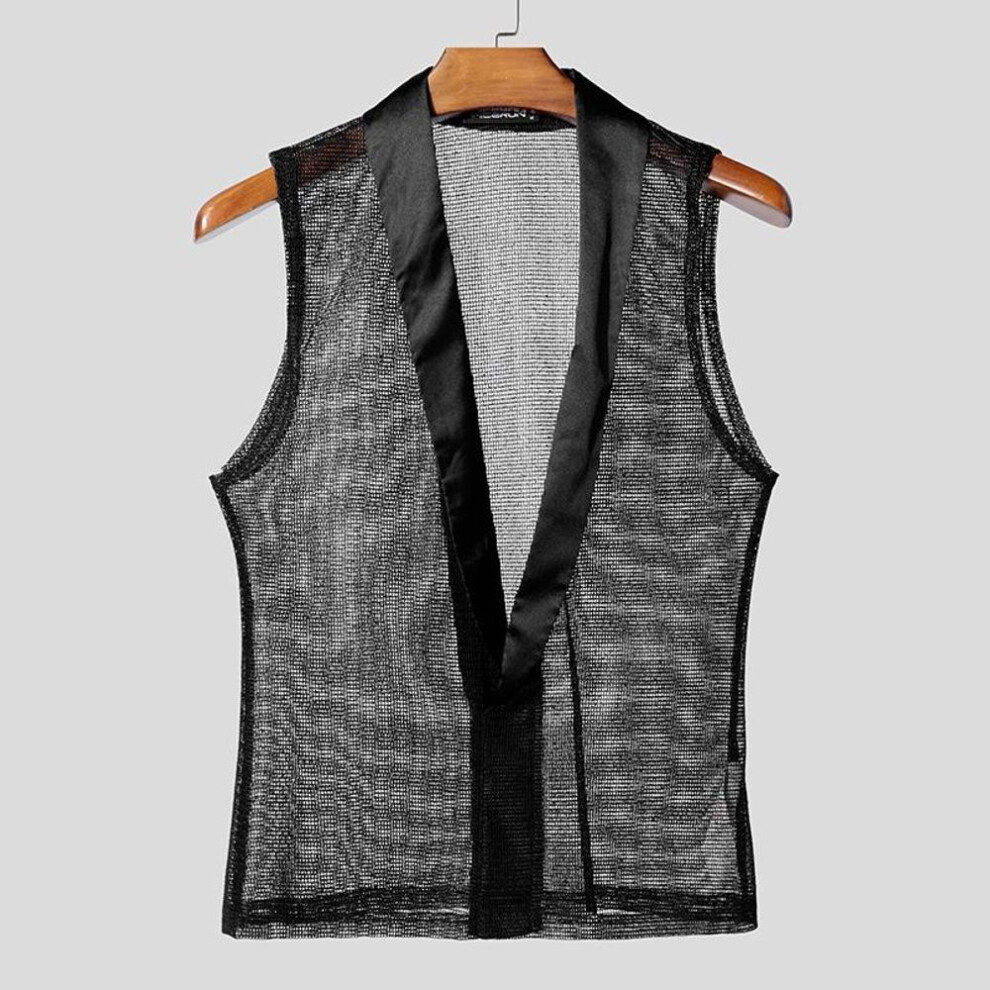 (5XL, black) INCERUN Men Deep V Neck Sleeveless Stitching Mesh Sheer See Through Party Tank Tops