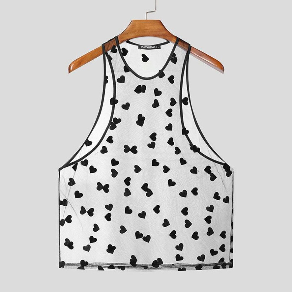 (S, black) Incerun Summer Men Sleeveless Print Mesh Sheer Lace Party Club Tank Tops