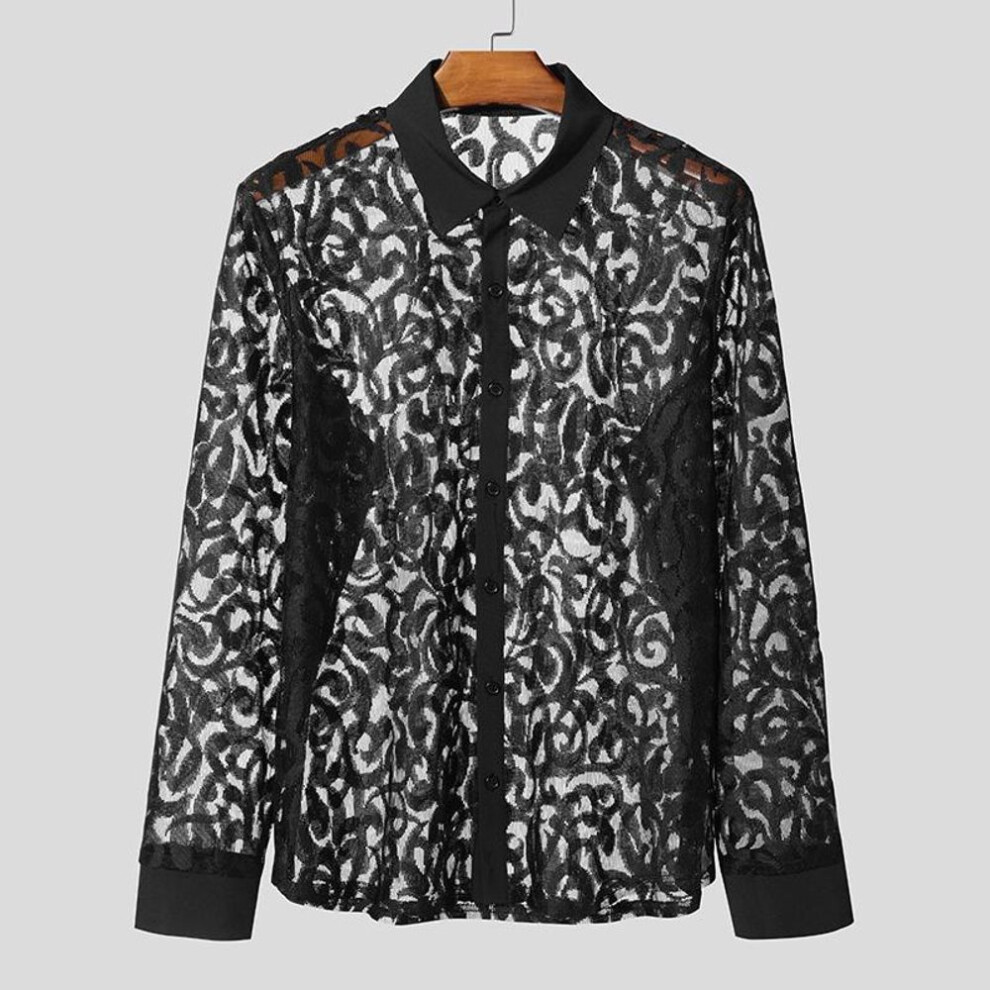 (S, black) INCERUN Men Long Sleeve Lace Mesh Sheer Club Party See Through Tops T-shirts