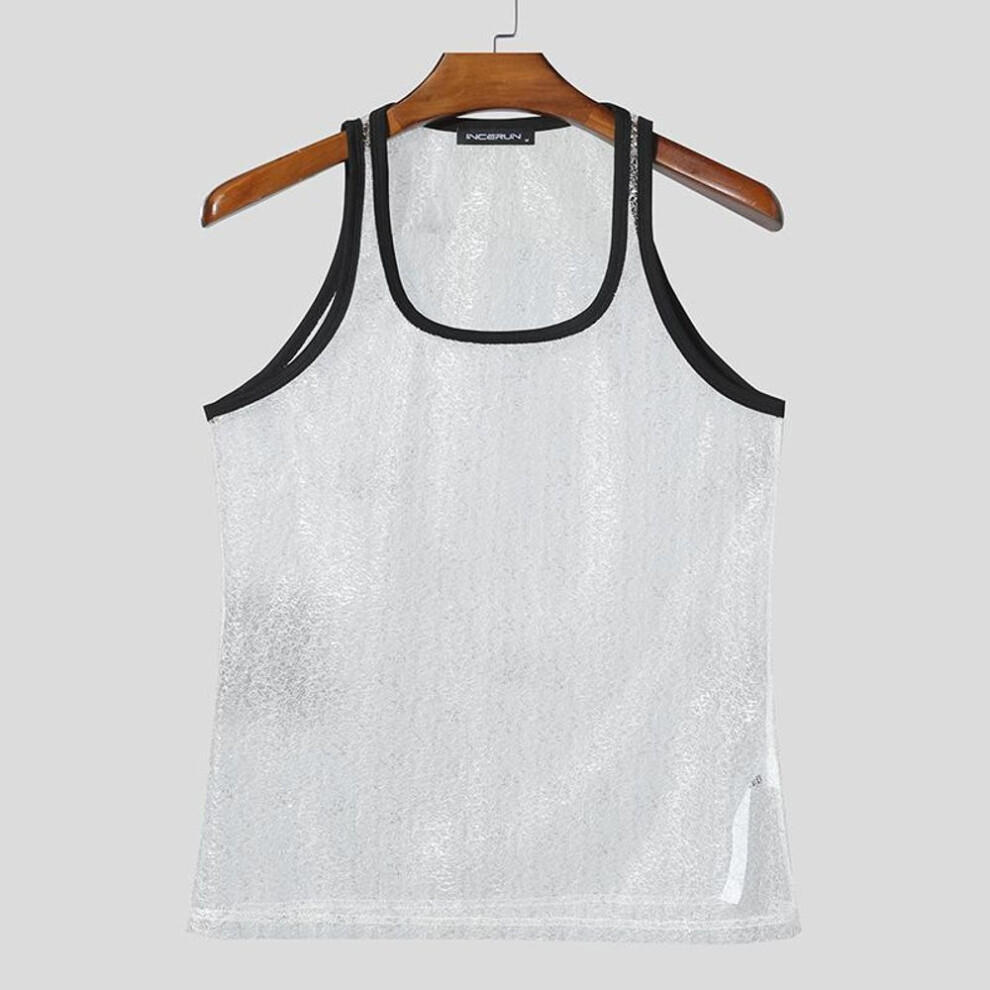 (M, white) INCERUN Men Summer Strap Sleeveless Stitching See Through Mesh Party Glitter Tank Tops