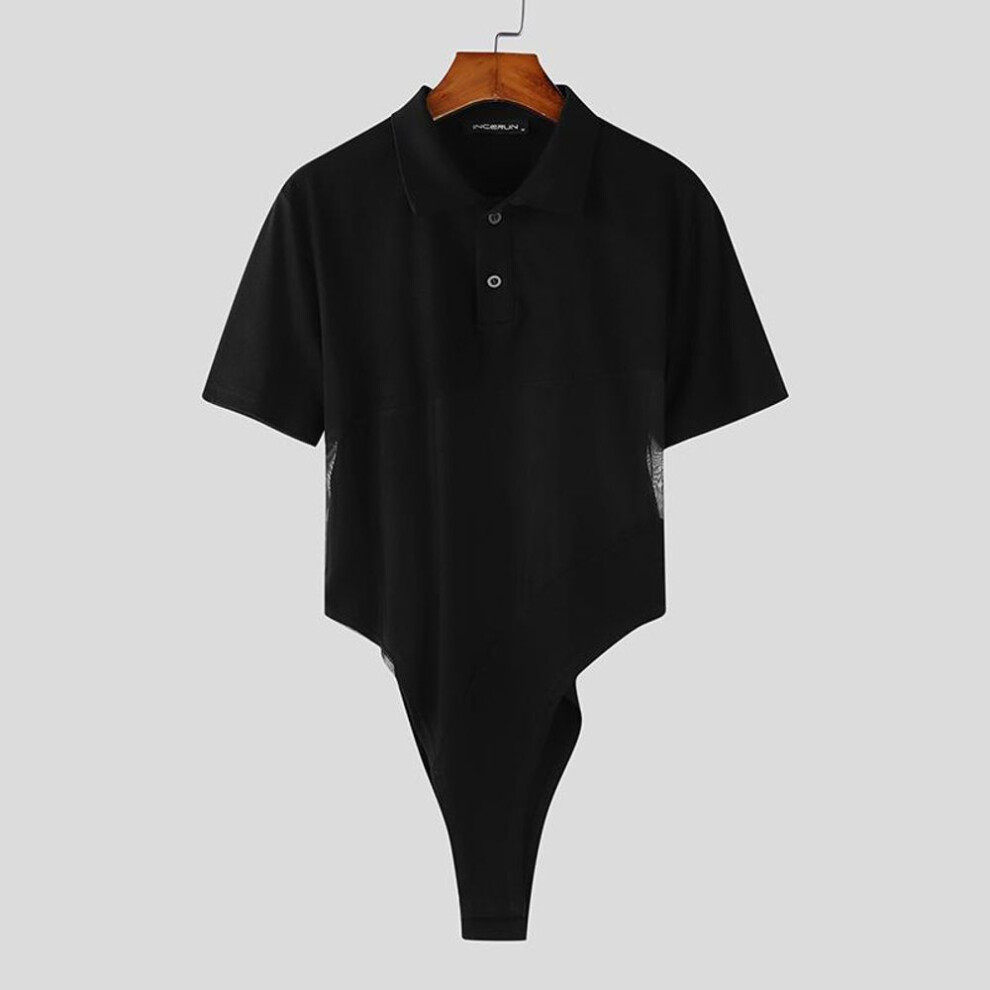 (XL, black) Incerun Summer Men Short Sleeve Mesh Sheer Patchwork Fitted Jumpsuits Bodysuits