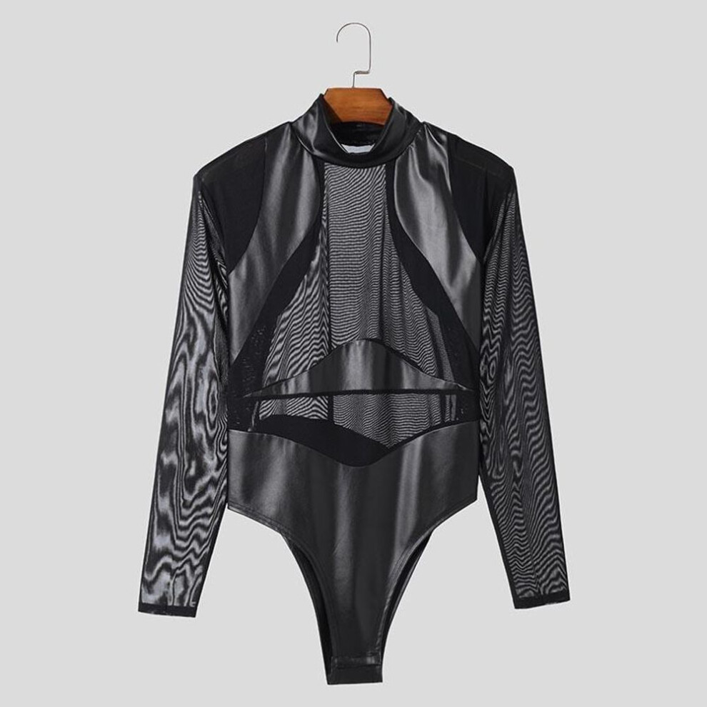 (3XL, black) Incerun Men Long Sleeve Glitter Patchwork Mesh Sheer See Through Leotard Jumpsuits