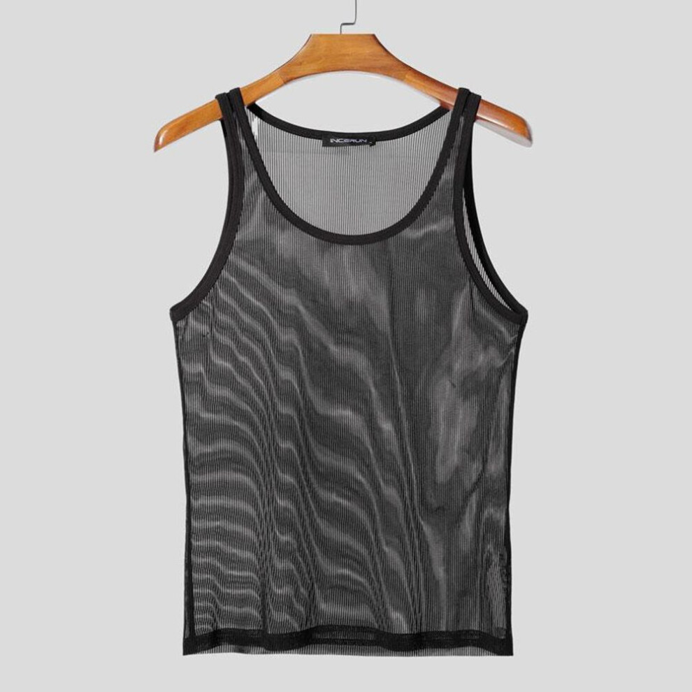 (3XL, black) Incerun Summer Men Strap Sleeveless Mesh Sheer See Through Tank Tops Partywear Clubwear