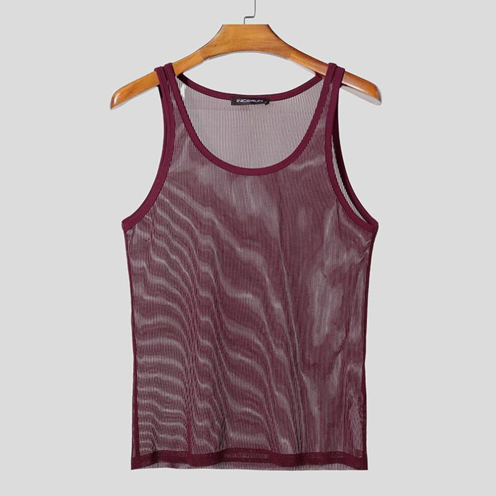 (5XL, wine red) Incerun Summer Men Strap Sleeveless Mesh Sheer See Through Tank Tops Partywear Clubwear