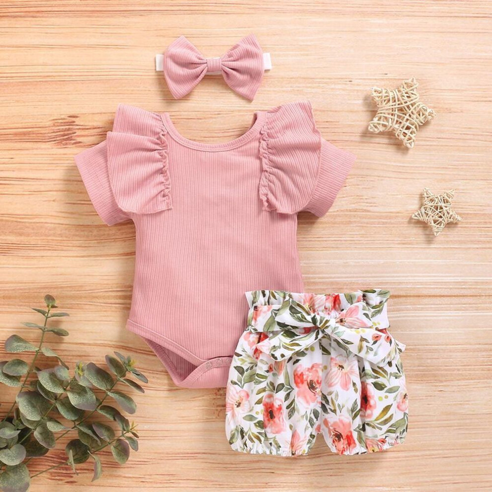 (pink, 70) Newborn Infant Baby Girls Solid Frill Romper+floral Print Shorts+headband Outfit