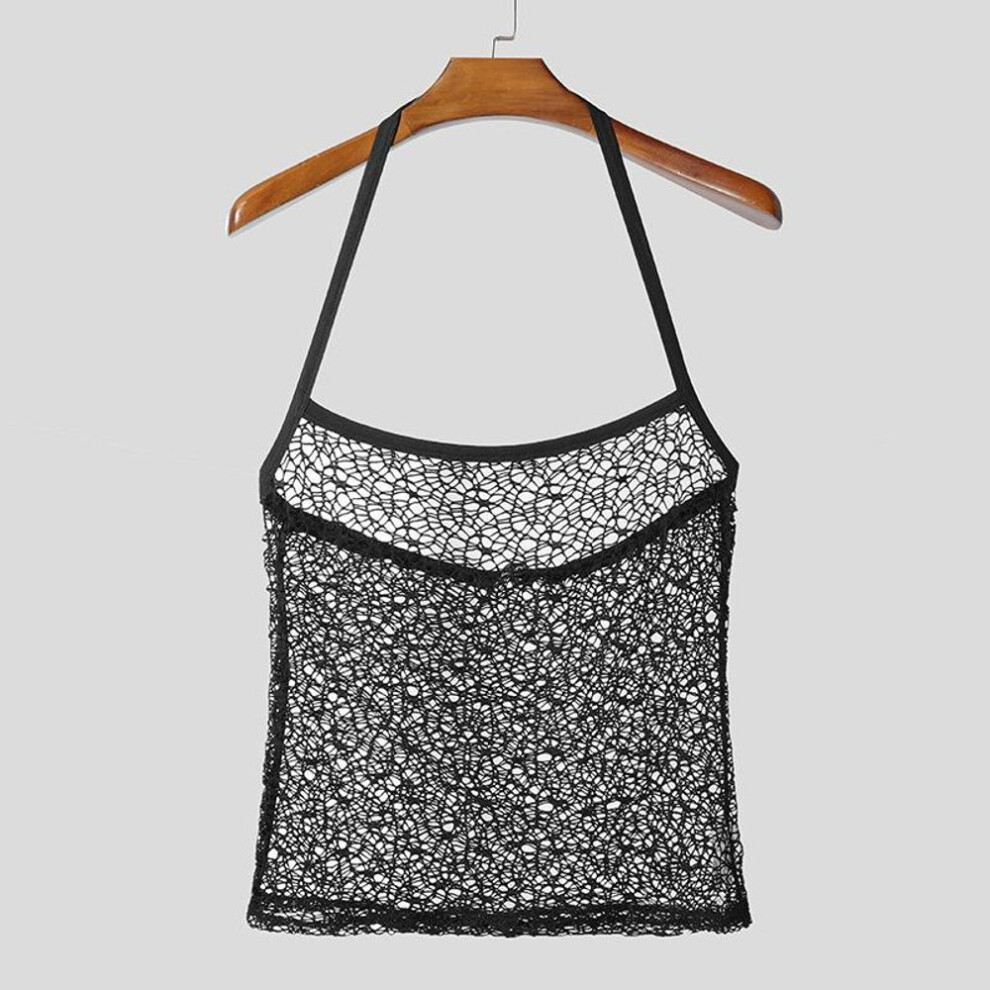 (S, black) INCERUN Men Sleeveless Strap Hollow Out See Through Cami Tank Tops Party Clubwear