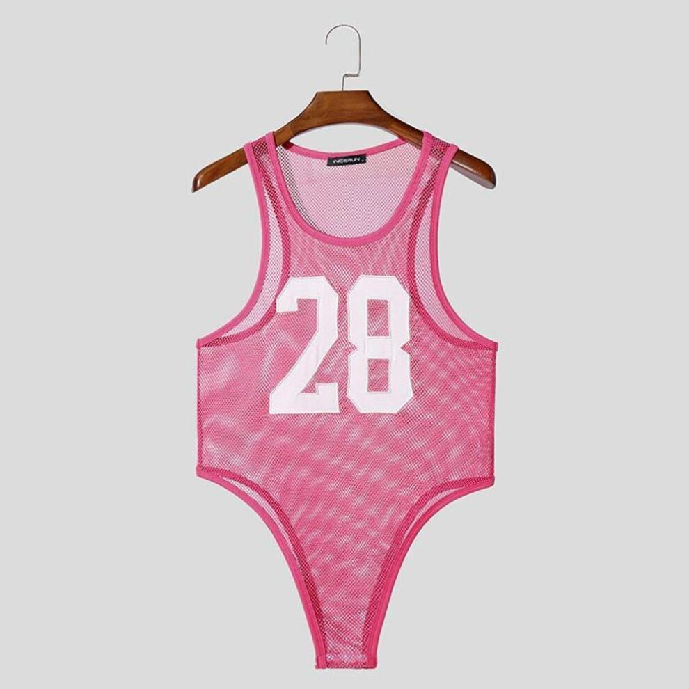 (L, pink) Incerun Men Sleeveless Letter Print Mesh Bodysuits See Through Fitted Briefs Jumpsuits