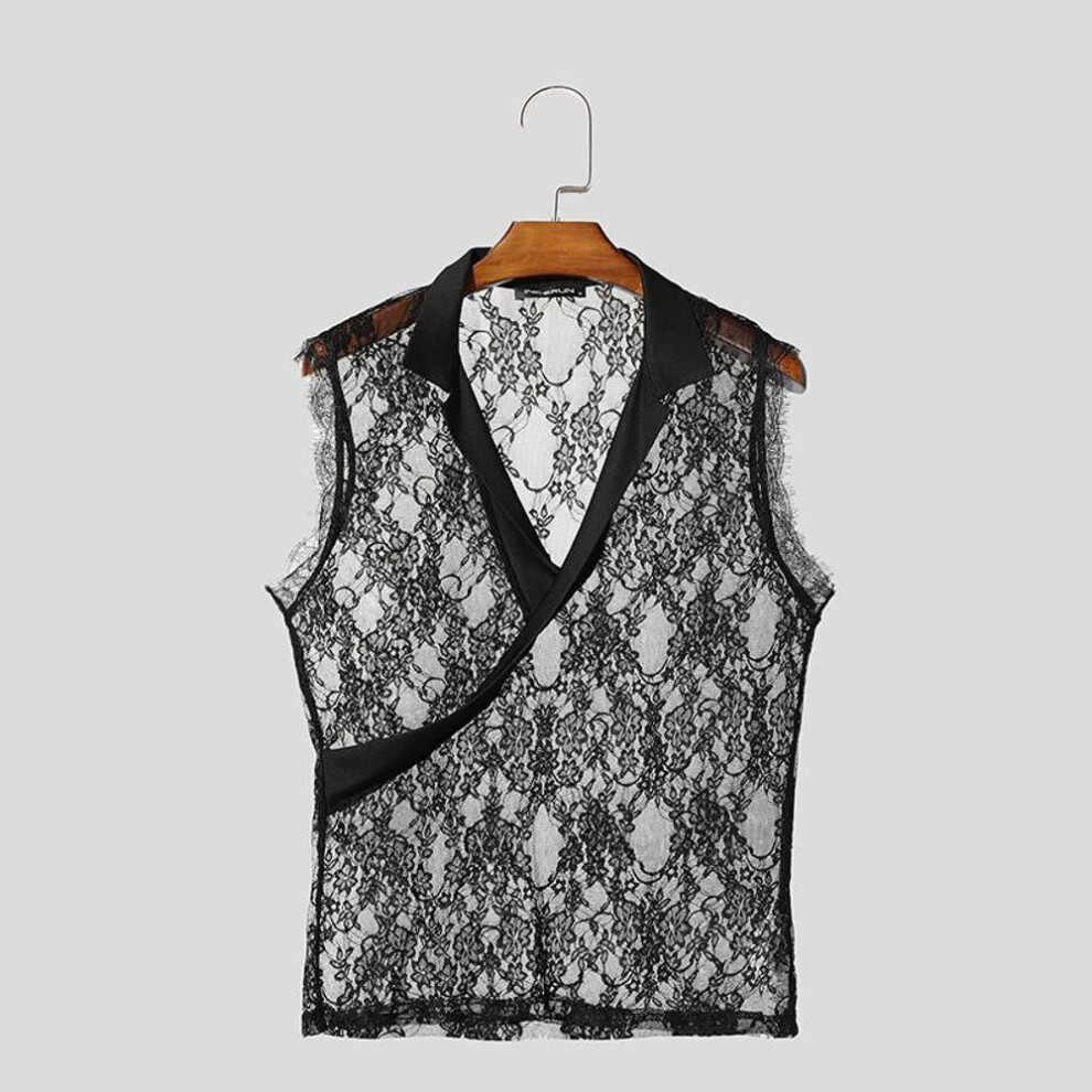 (4XL, black) Incerun Summer Men V Neck Sleeveless Patchwork Mesh Sheer Lace Tank Tops